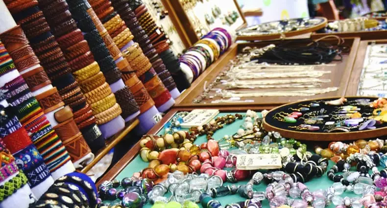 Colourful jewellery and bracelets at a market stall