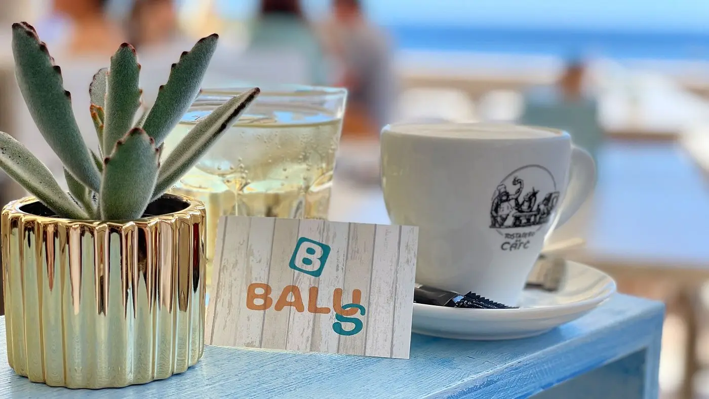 BALUS card, coffee cup and plant with a sea view