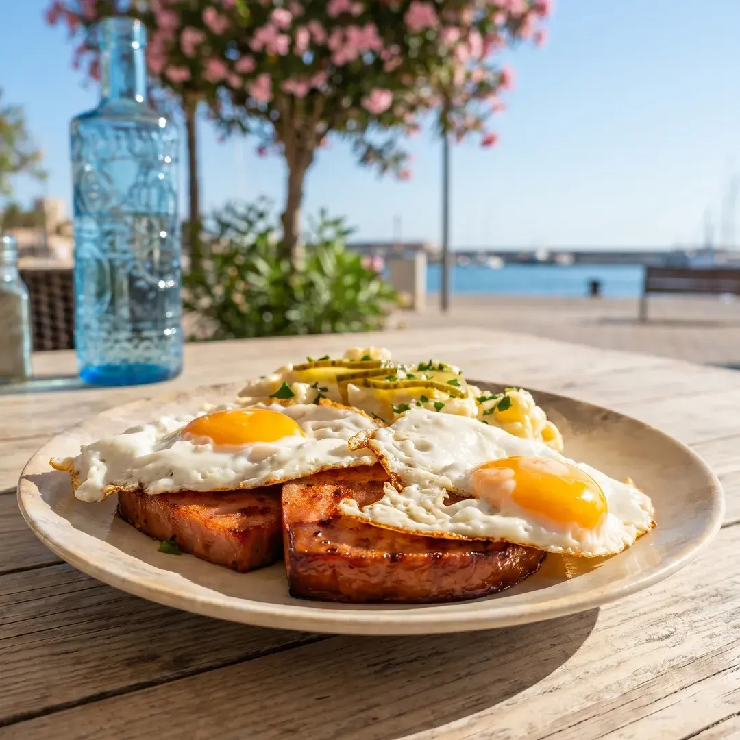 Breakfast plate with fried eggs on the terrace