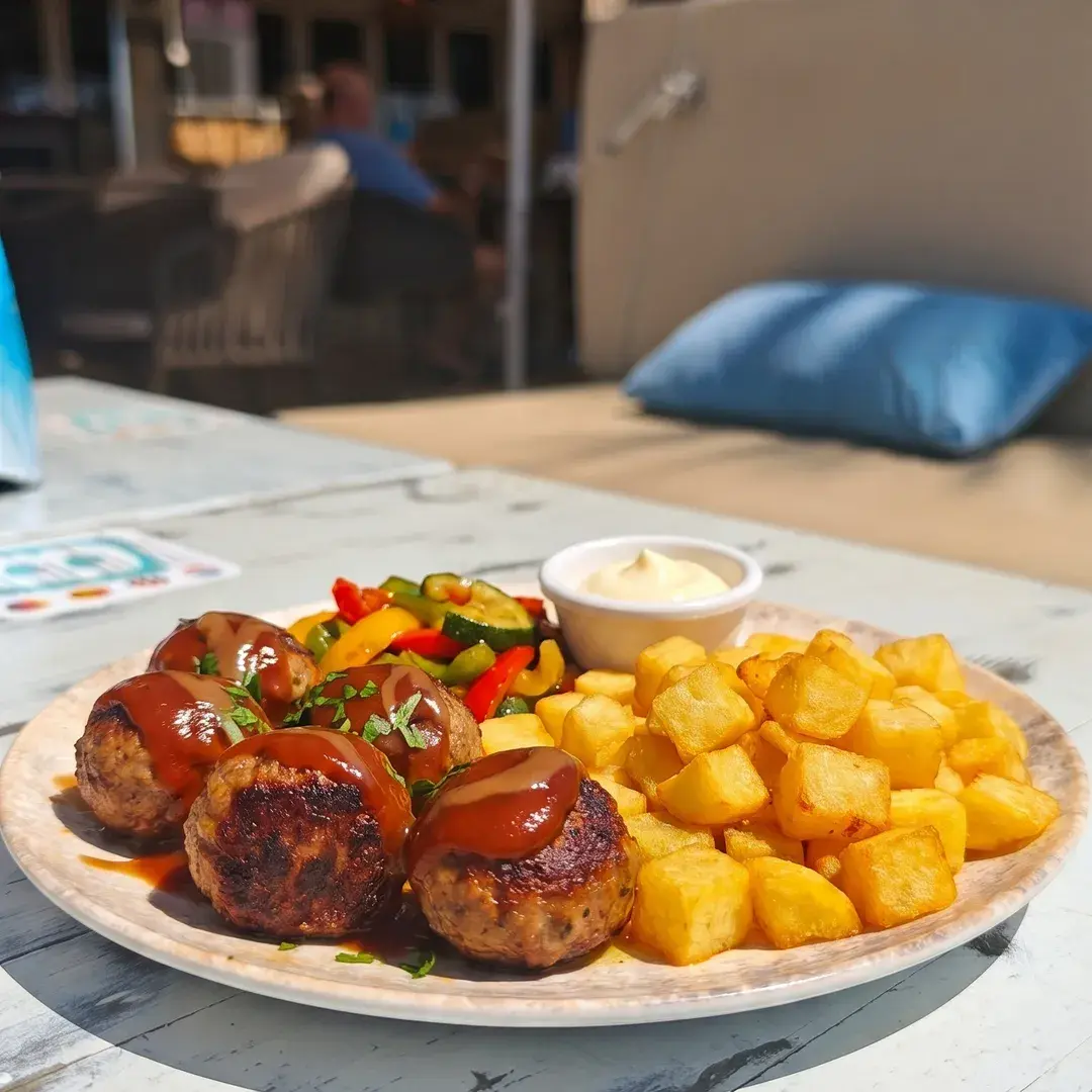 Meat dish with potatoes and a dip