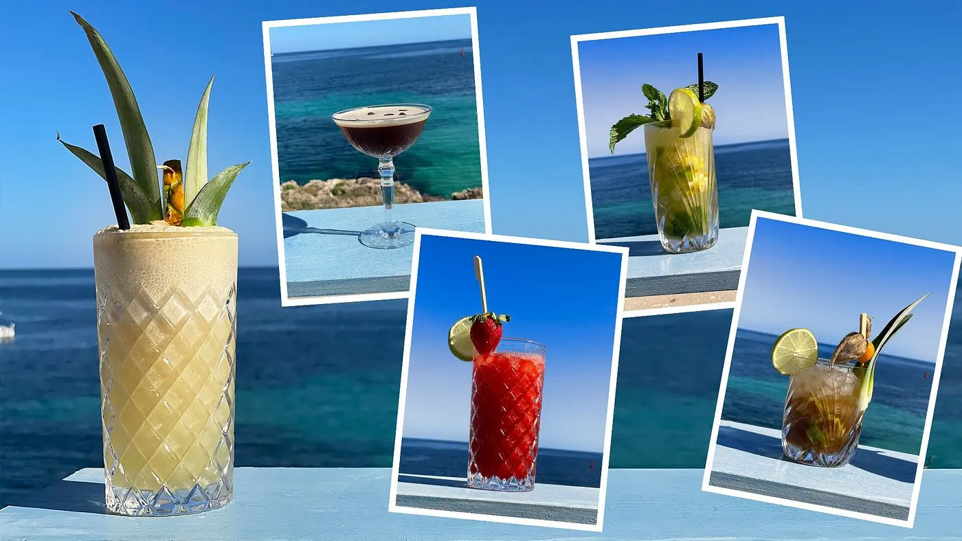 Collage of cocktails against a sea backdrop
