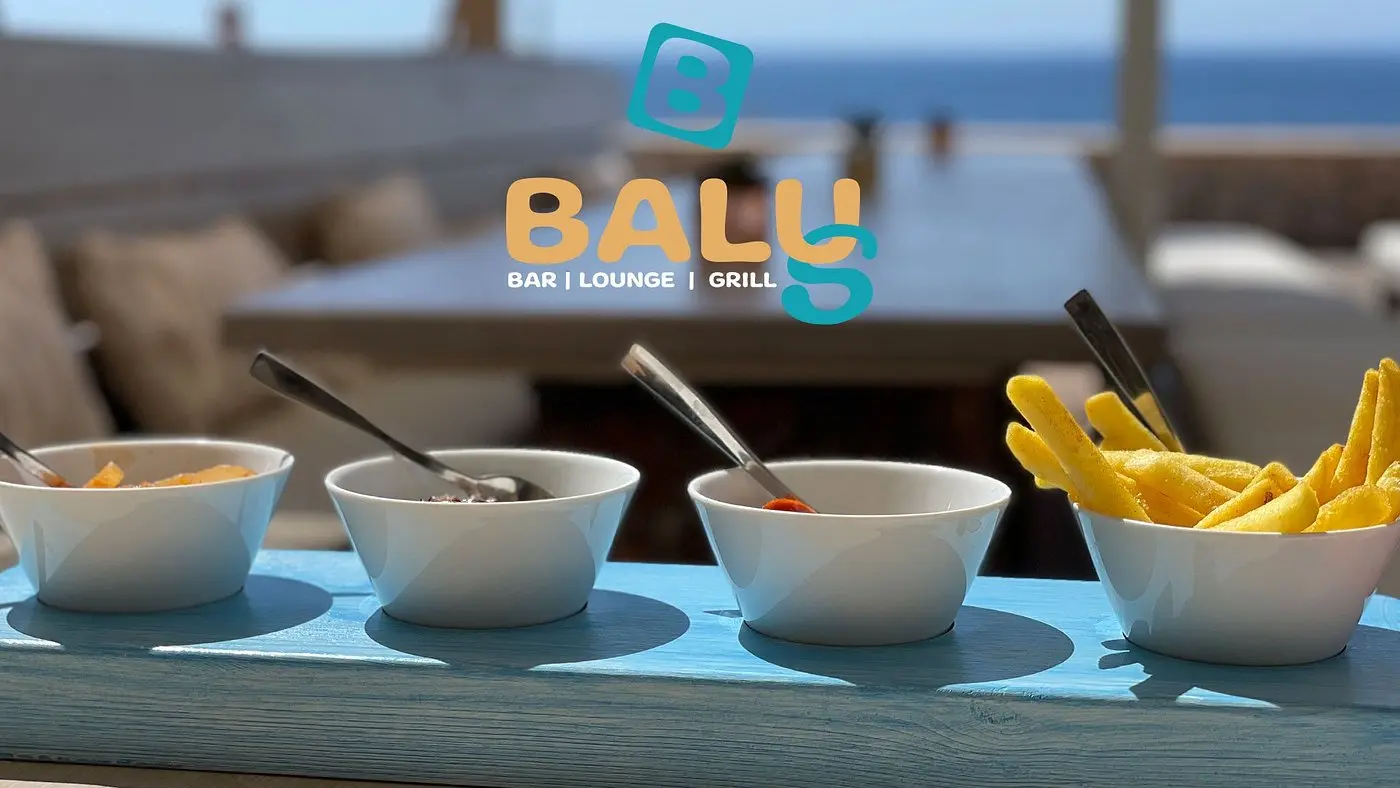 Small bowls and fries below the BALUS logo