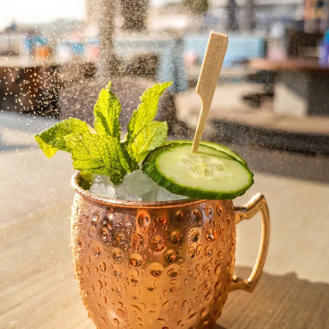 Cocktail with mint and cucumber in a copper mug