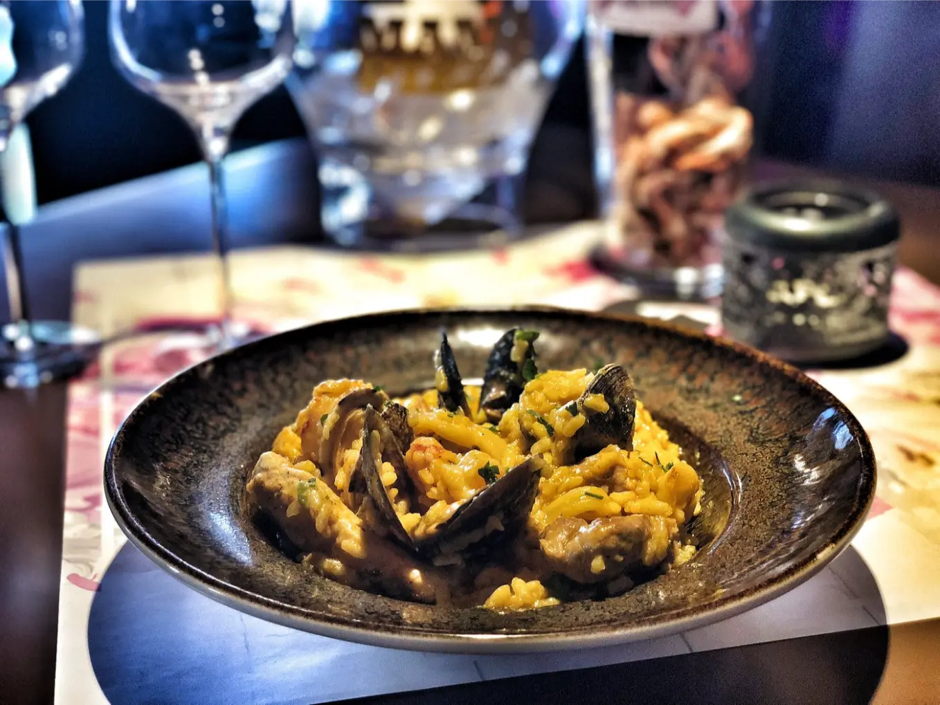 Pasta dish in a dark bowl