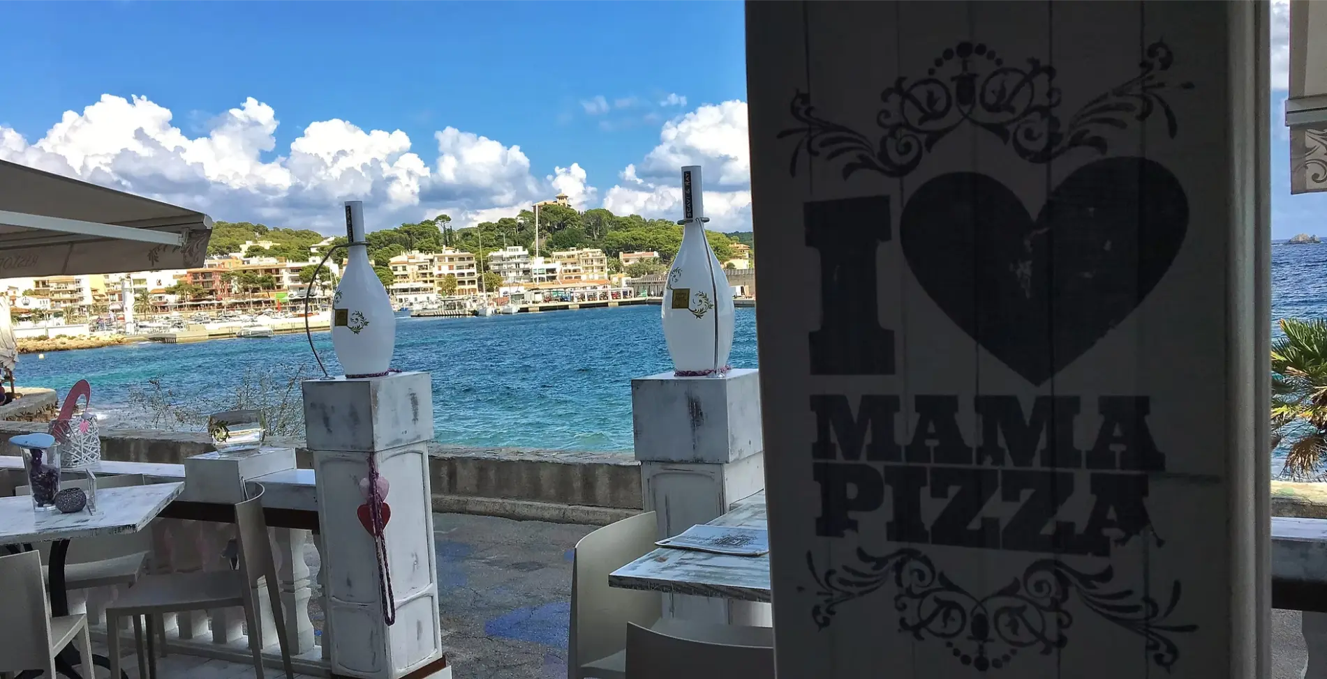 Mama Pizza sign overlooking the harbour