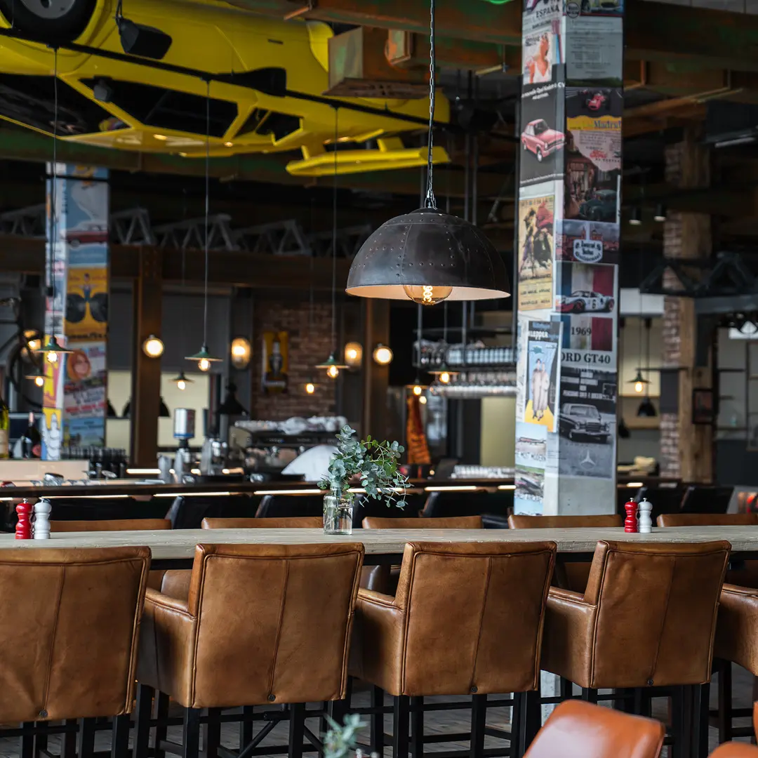 Bar and seating at Motorworld Mallorca