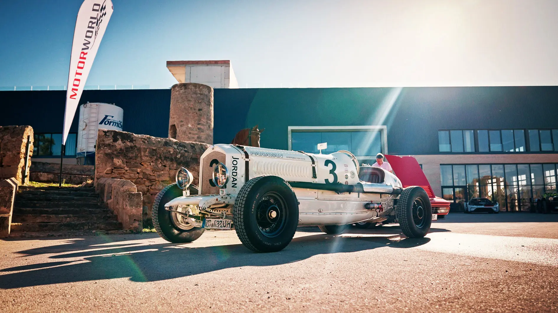 Vintage racing car outside Motorworld Mallorca