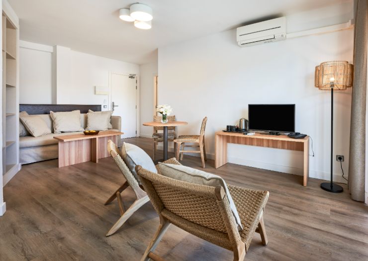 Apartment lounge with a sofa, armchair, and TV