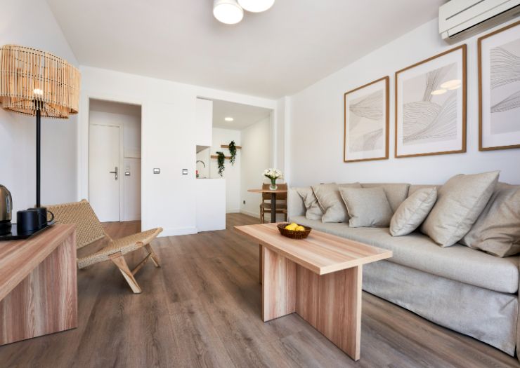 Apartment sofa area with a coffee table and kitchenette